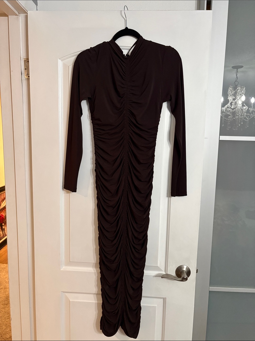 A.L.C. Long-Sleeve Ruched Maxi Dress in Dark Brown